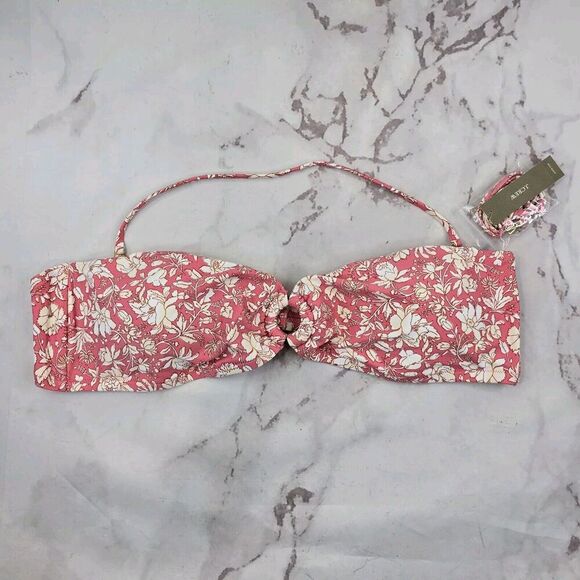J Crew Swim Top 2X Pink Floral Bandeau Bikini Tie Back String Ring Halter BH555 - Picture 1 of 10